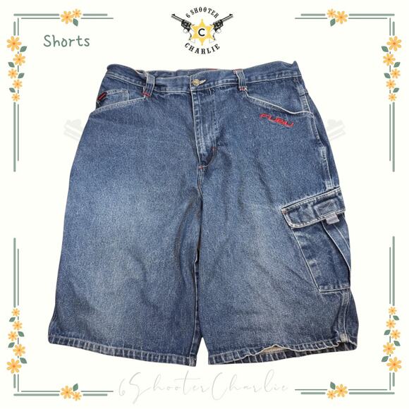 Vintage FUBU The Collection Baggy High Rise Cargo Shorts Mens Size 38 Blue Denim - Picture 1 of 8